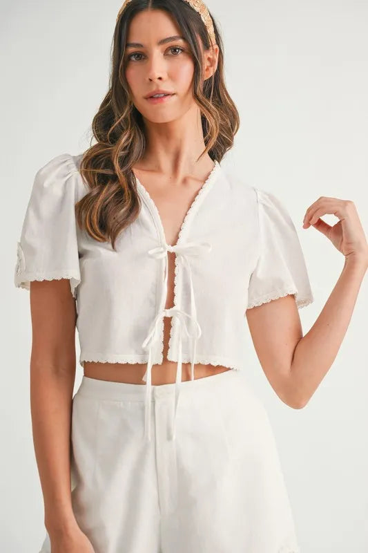 MABLE Crochet Lace Detail Crop Top and Shorts Set - Brittney MADE