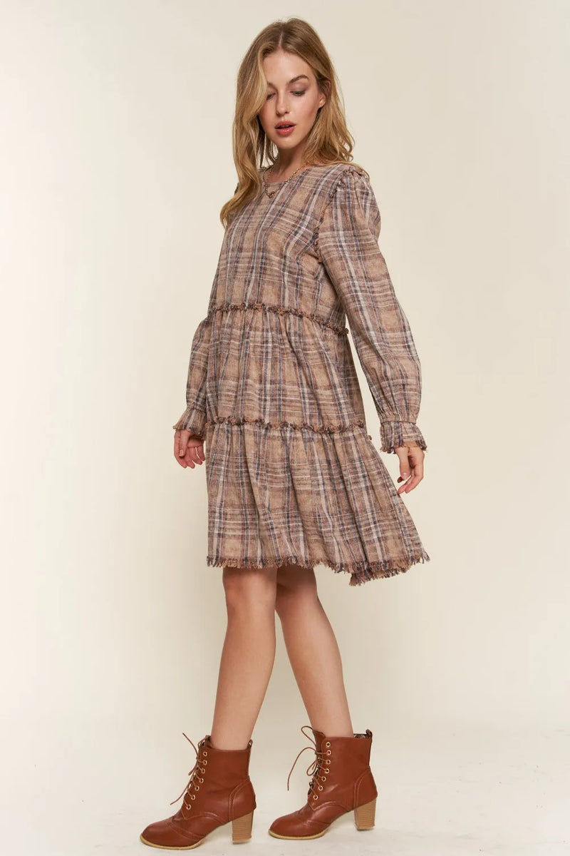And The Why Full Size Washed Frayed Tiered Plaid Dress - Brittney MADE