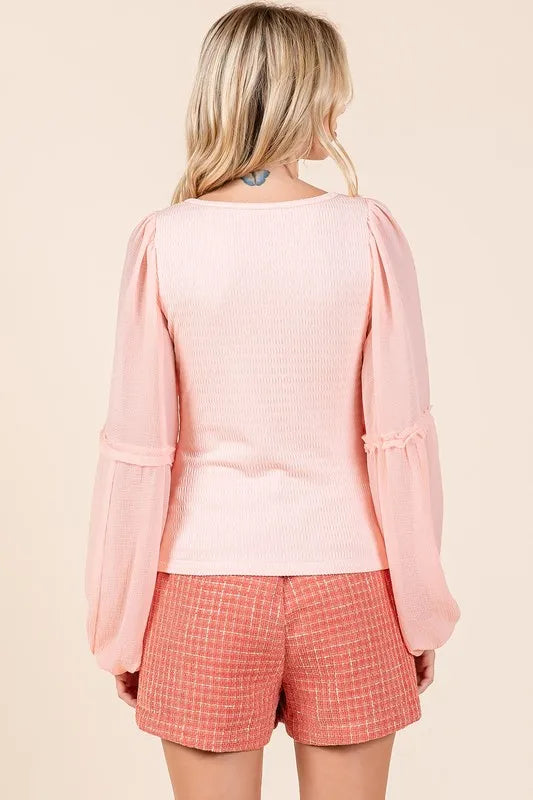 Mittoshop Mixed Media Textured Knit Chiffon Long Sleeve Top - Brittney MADE