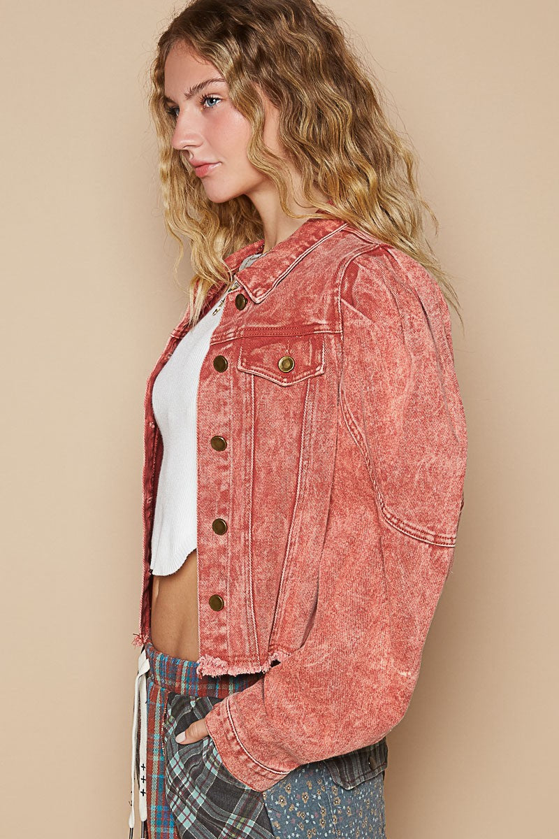 POL Raw Hem Button Up Cropped Denim Jacket - Brittney MADE