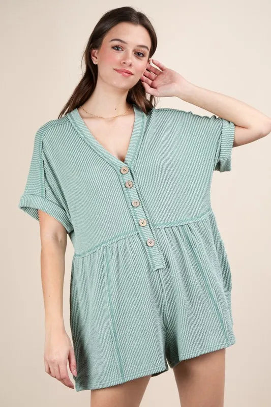 VERY J Two Tone Ribbed Knit Comfy Casual Romper - Brittney MADE