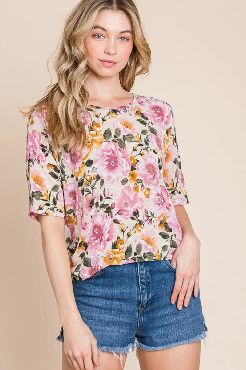BOMBOM Floral Round Neck T-Shirt - Brittney MADE