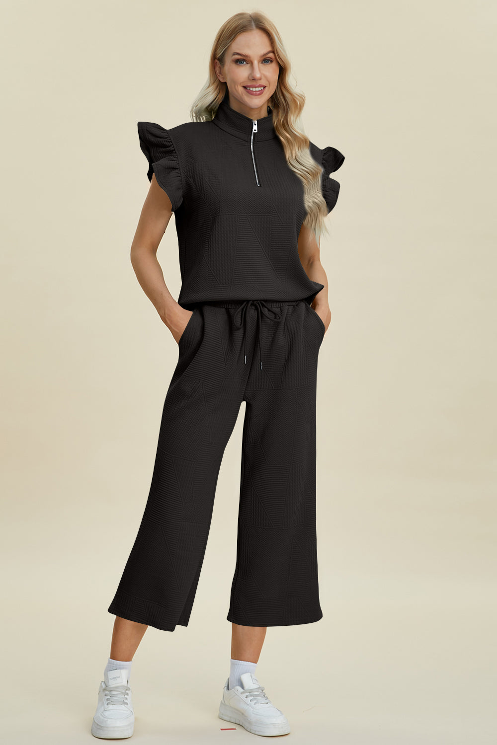 Double Take Full Size Texture Ruffle Short Sleeve Top and Wide Leg Pants Set - Brittney MADE
