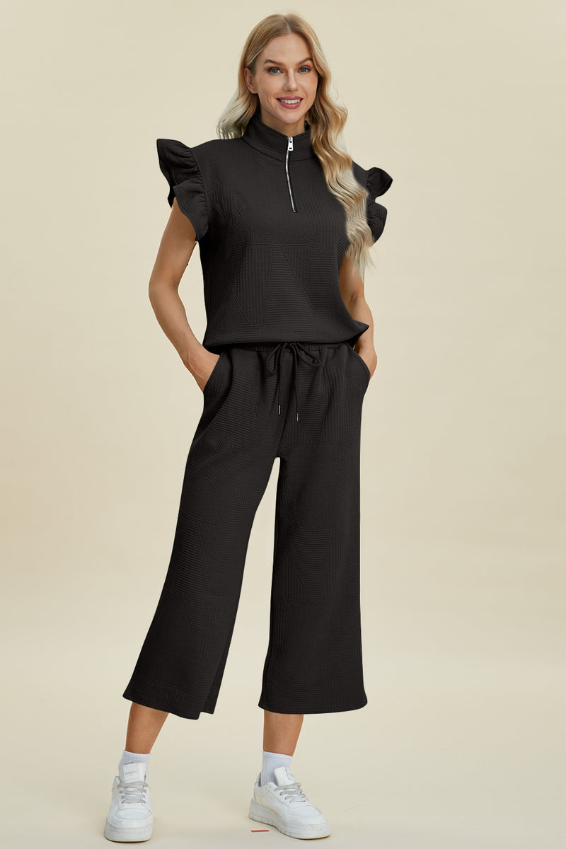 Double Take Full Size Texture Ruffle Short Sleeve Top and Wide Leg Pants Set - Brittney MADE