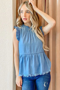 And The Why Chambray Ruffle Sleeveless Top - Brittney MADE