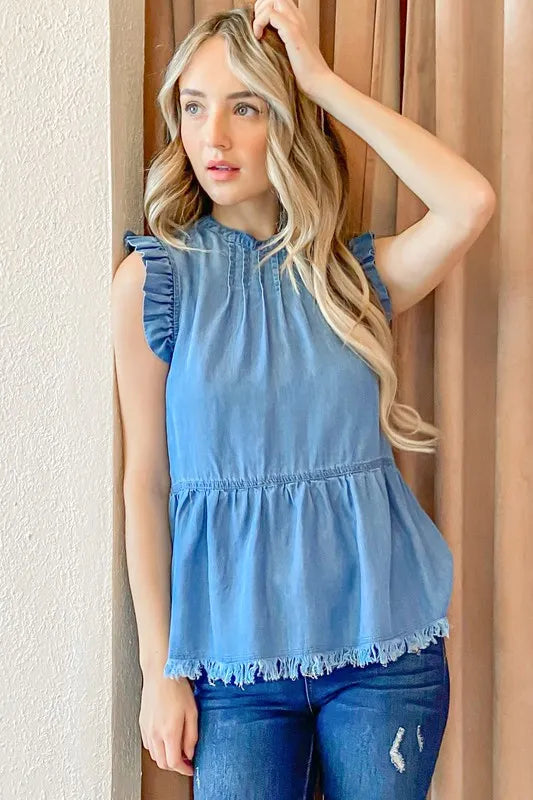 And The Why Chambray Ruffle Sleeveless Top - Brittney MADE