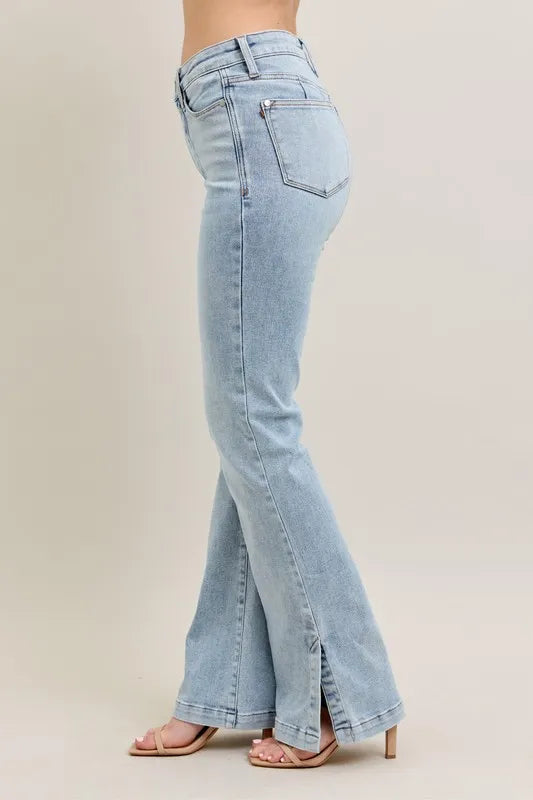 Judy Blue Full Size Tummy Control Vintage Wash Side Slit Slim Boot Jeans Plus Size - Brittney MADE