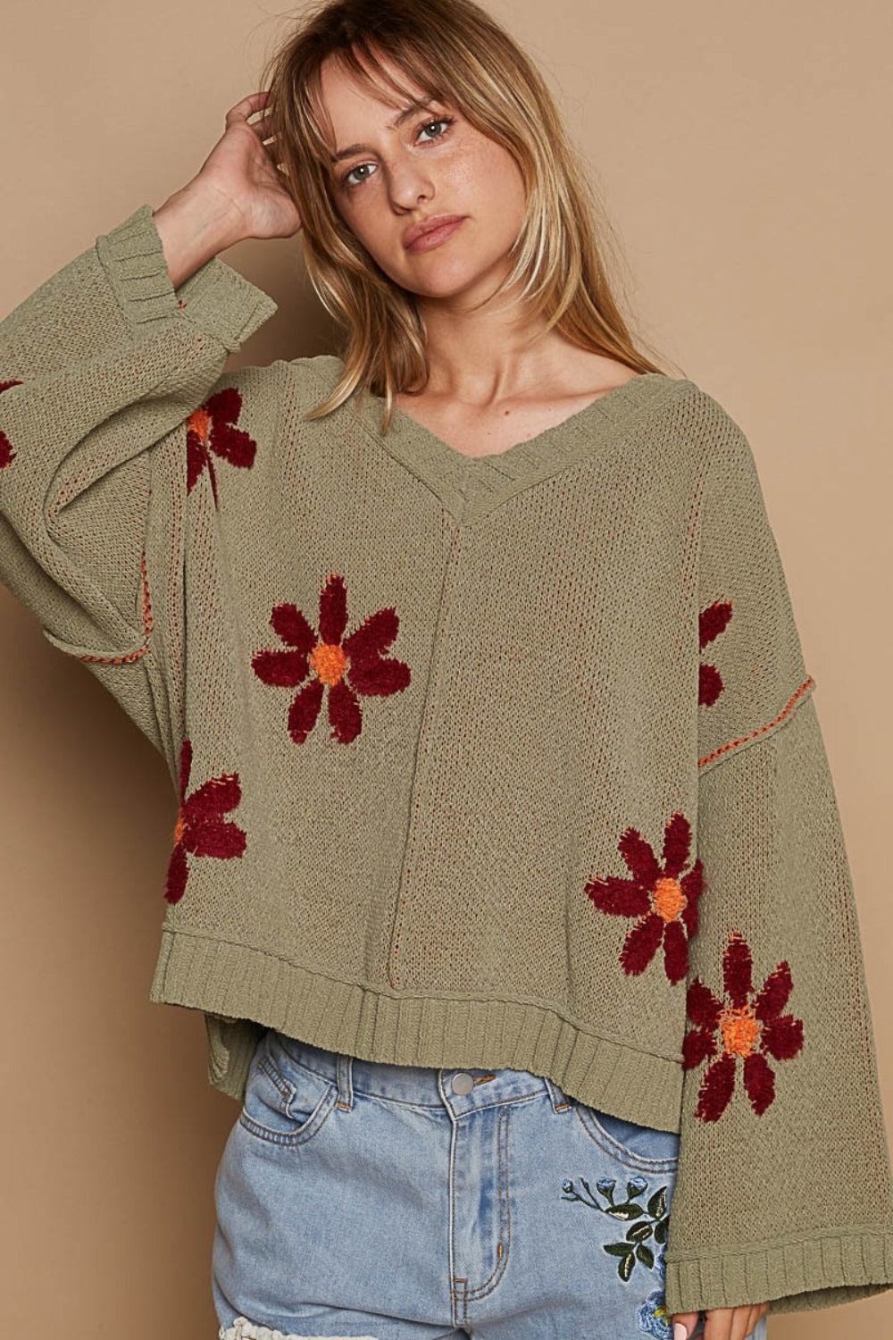 POL V-Neck Floral Pattern Chenille Sweater - Brittney MADE