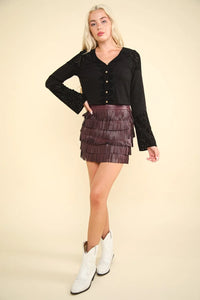 VERY J V-Neck Lace Detail Button Down Crop Ribbed Knit Top - Brittney MADE