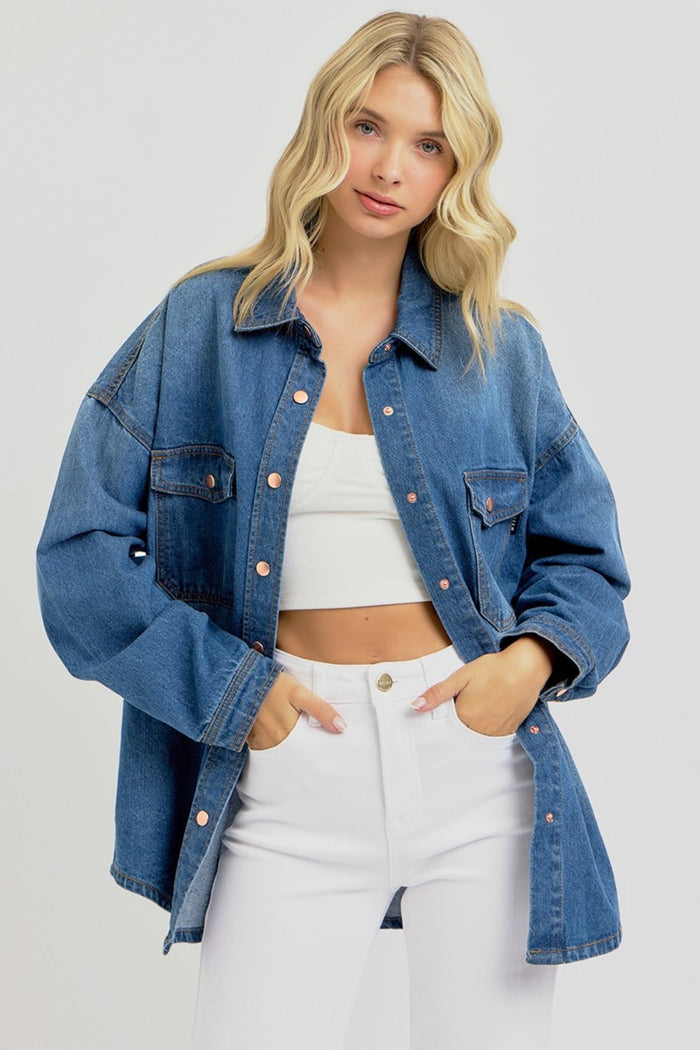 RISEN Full Size Snap Down Long Sleeve Denim Shacket - Brittney MADE