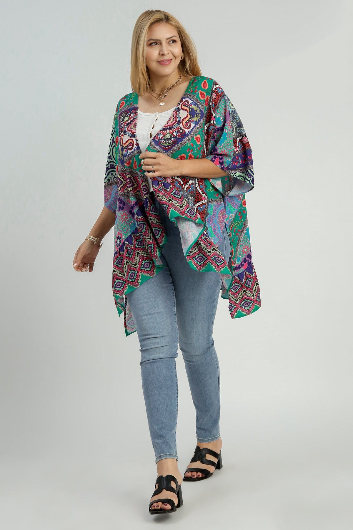Umgee Full Size Mixed Print Ruffle Hem Open Front Cover Up Plus Size - Brittney MADE