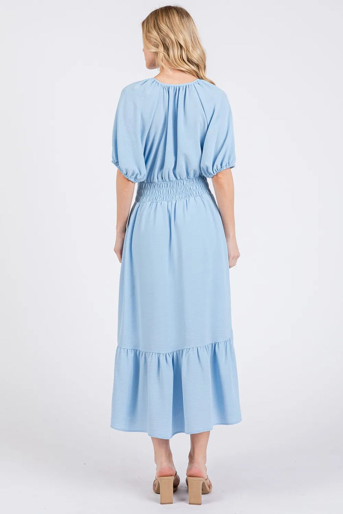 Ces Femme Smocked Elastic Waist Tie Neck Puff Sleeve Dress - Brittney MADE