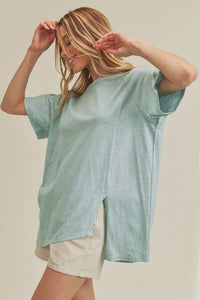 Aemi + Co Asymmetrical Front Slit Round Neck Raglan Sleeve T-Shirt - Brittney MADE