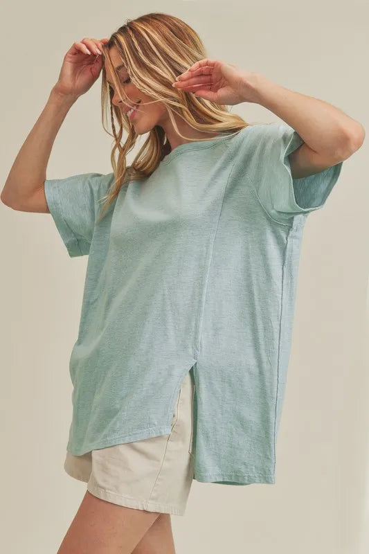 Aemi + Co Asymmetrical Front Slit Round Neck Raglan Sleeve T-Shirt - Brittney MADE