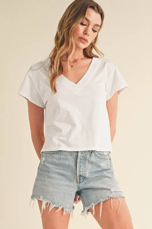 Aemi + Co Side Slit V-Neck Short Sleeve Cropped T-Shirt - Brittney MADE