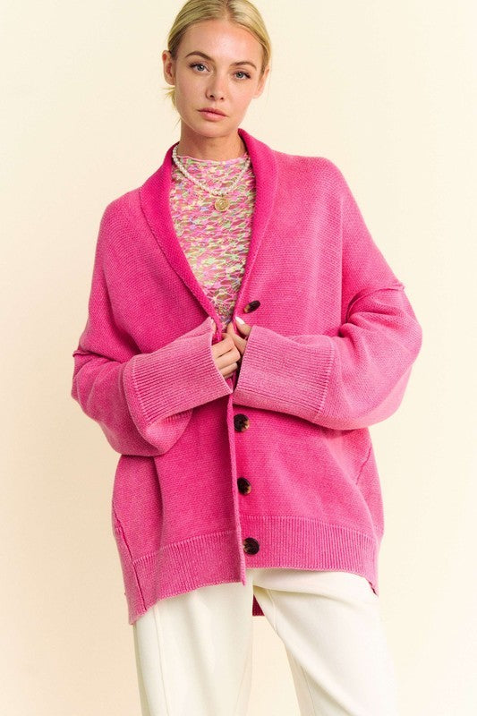 Davi & Dani Shawl Collar Ribbed Detail Button Up Cardigan - Brittney MADE