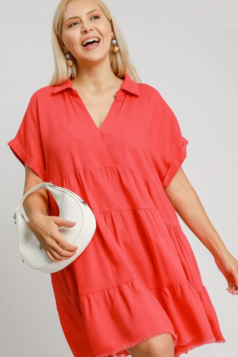 Umgee Full Size Raw Hem Folded Sleeve Tiered Dress Plus Size - Brittney MADE