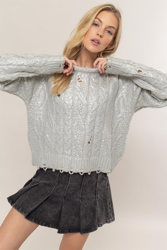 HYFVE Distressed Cable-Knit Round Neck Long Sleeve Sweater - Brittney MADE