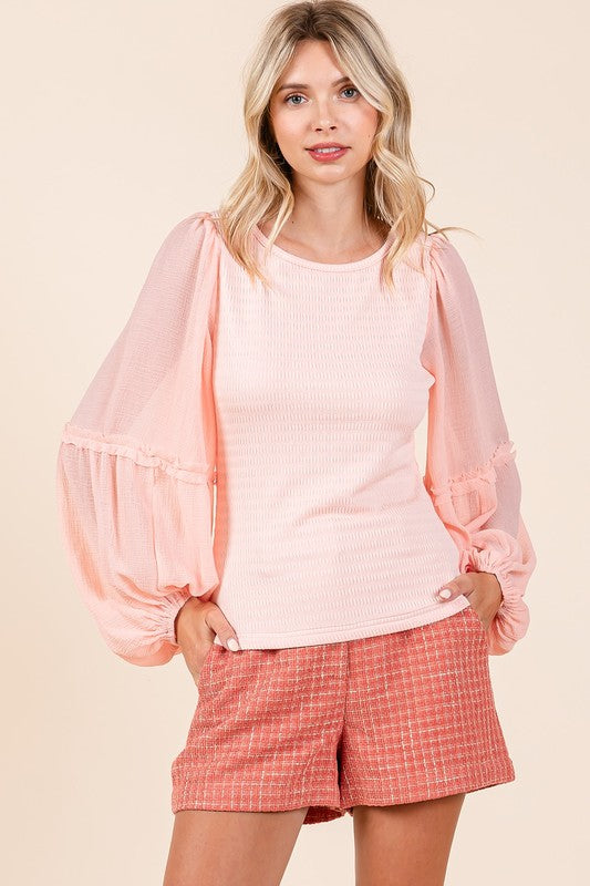 Mittoshop Mixed Media Textured Knit Chiffon Long Sleeve Top - Brittney MADE