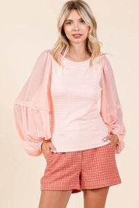Mittoshop Mixed Media Textured Knit Chiffon Long Sleeve Top - Brittney MADE