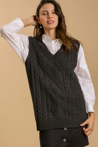 Umgee Full Size Cable V-Neck Vest Sweater Plus Size - Brittney MADE