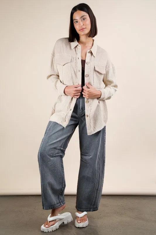 VERY J Mineral Washed Oversized Gauze Shacket - Brittney MADE