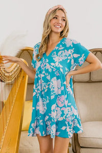 BiBi Floral Crinkle Shirred Ruffle Detail V Neck Dress - Brittney MADE