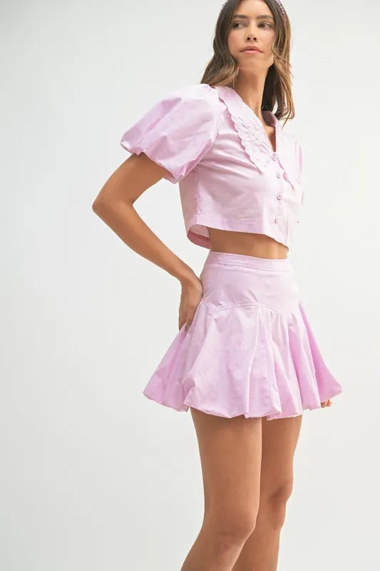 MABLE Puff Sleeve Button Down Top and Bubble Skirt Set - Brittney MADE