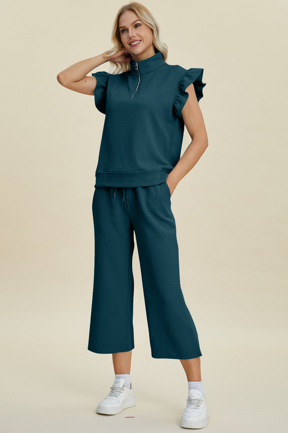 Double Take Full Size Texture Ruffle Short Sleeve Top and Wide Leg Pants Set - Brittney MADE
