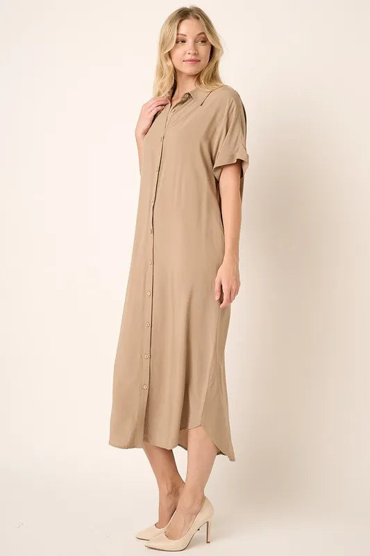 Mittoshop Collared Neck Dolman Short Sleeve Midi Shirt Dress - Brittney MADE