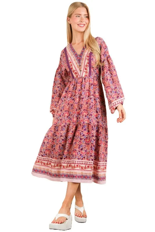 VERY J Floral Printed Boho V-Neck Balloon Sleeve Dress - Brittney MADE