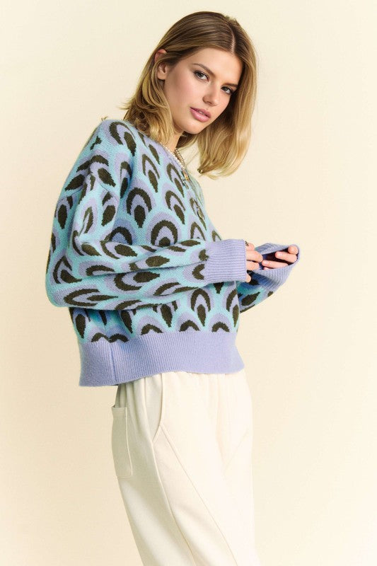 Davi & Dani Scale Jacquard Round Neck Drop Shoulder Sweater - Brittney MADE