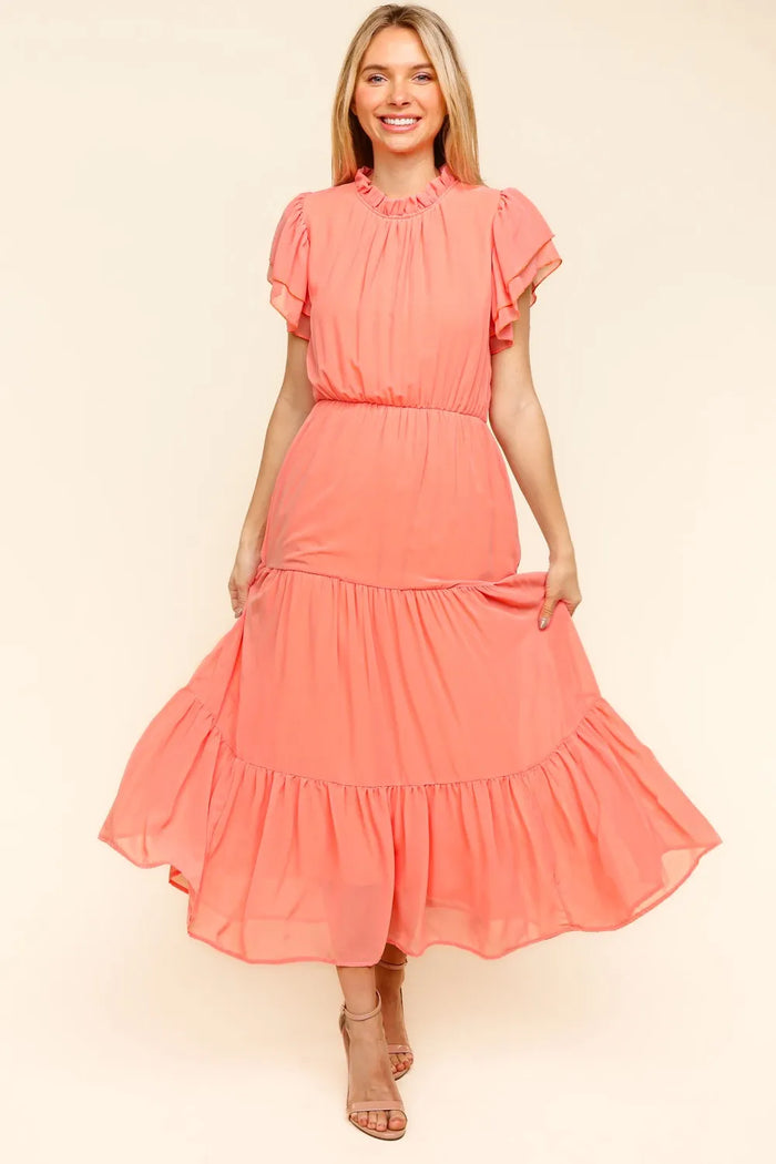 Haptics Full Size Tiered Frill Mock Neck Short Sleeve Dress - Brittney MADE