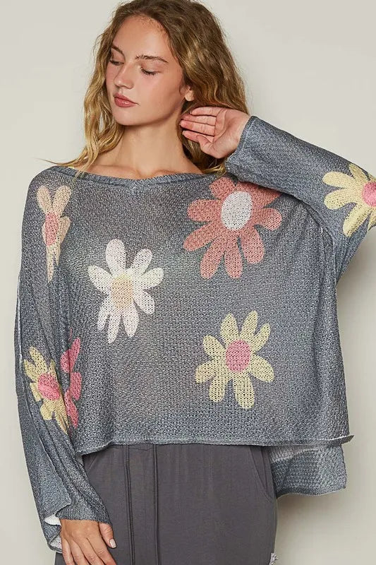 POL Flower Dropped Shoulder Long Sleeve Knit Top - Brittney MADE
