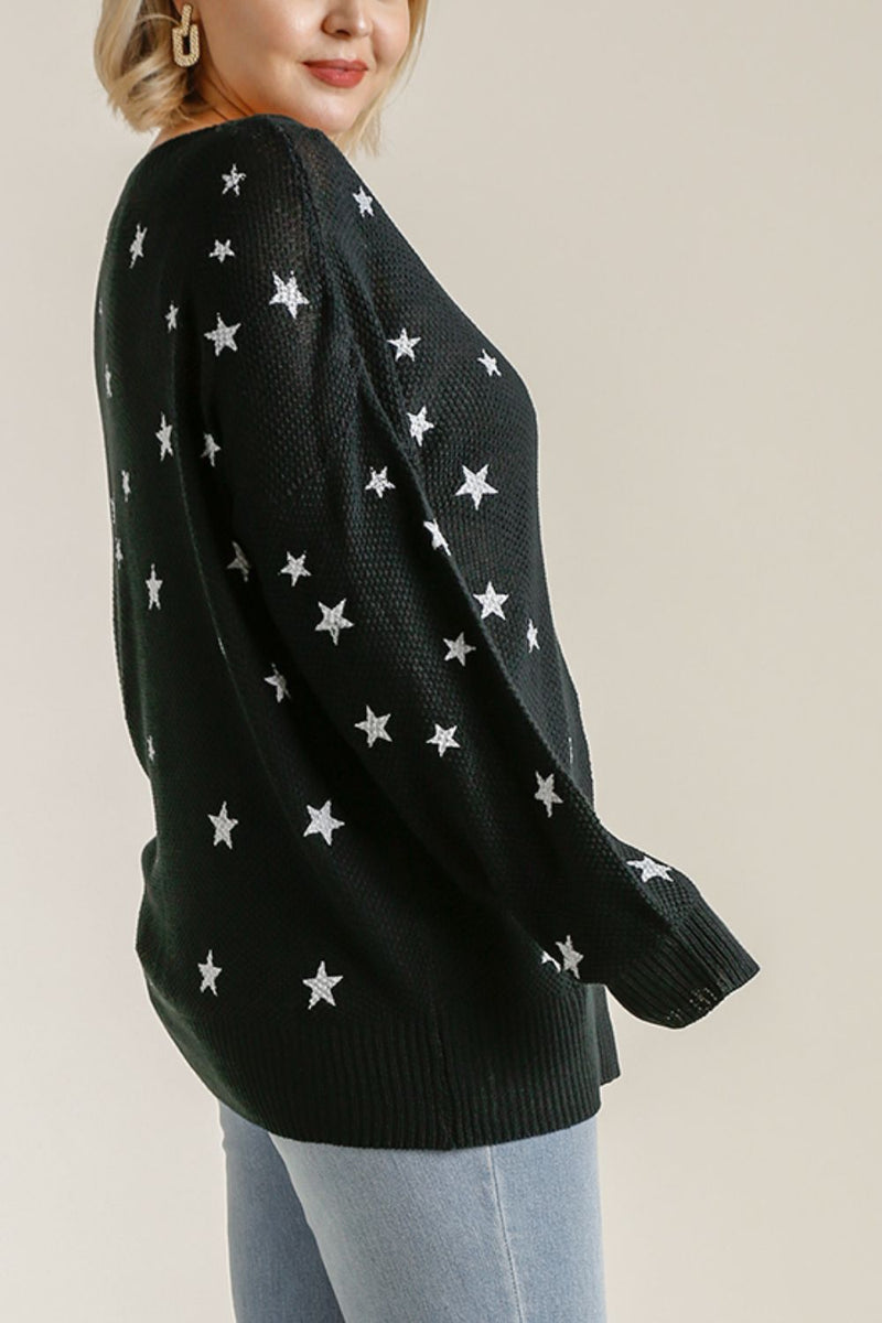 Umgee Full Size Star V-Neck Long Sleeve Sweater Plus Size - Brittney MADE