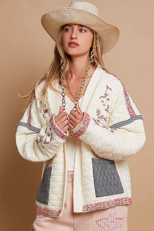 POL Embroidered Open Front Long Sleeve Jacket - Brittney MADE