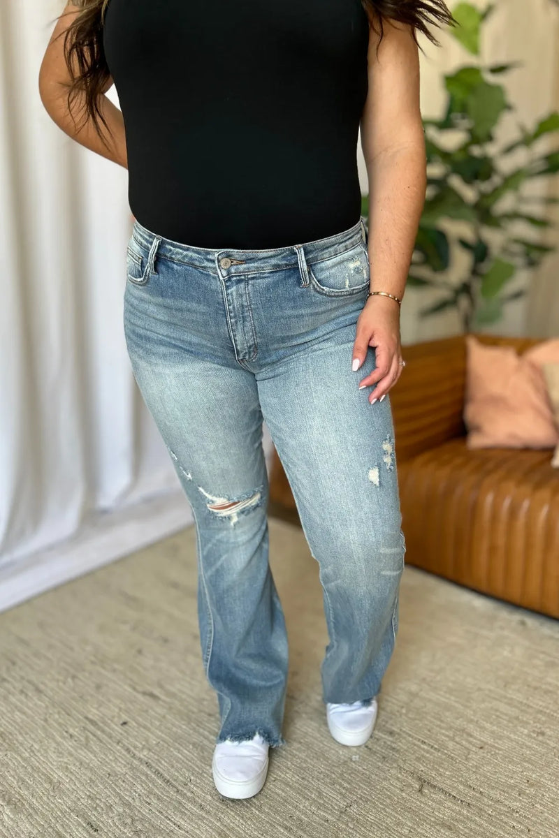 Judy Blue Full Size Medium Rise Tummy Control Destroy Flare - Brittney MADE