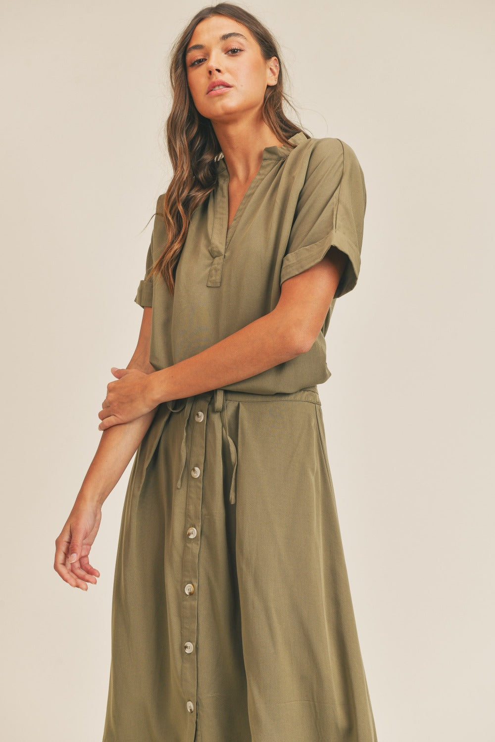 MABLE Short Sleeve Top and Button Down Midi Skirt Set - Brittney MADE