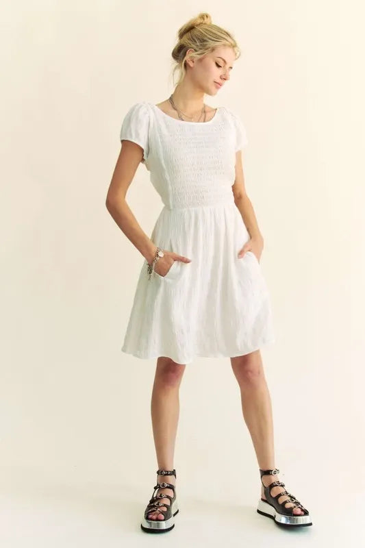Davi & Dani Crossed Back Short Sleeve Dress with Pockets - Brittney MADE