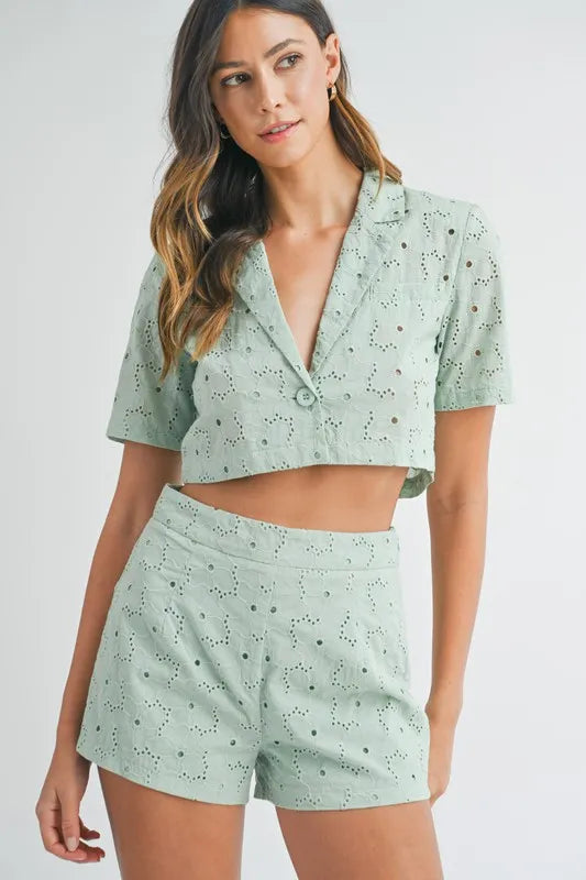 MABLE Eyelet Short Sleeve Crop Top and Shorts Set - Brittney MADE