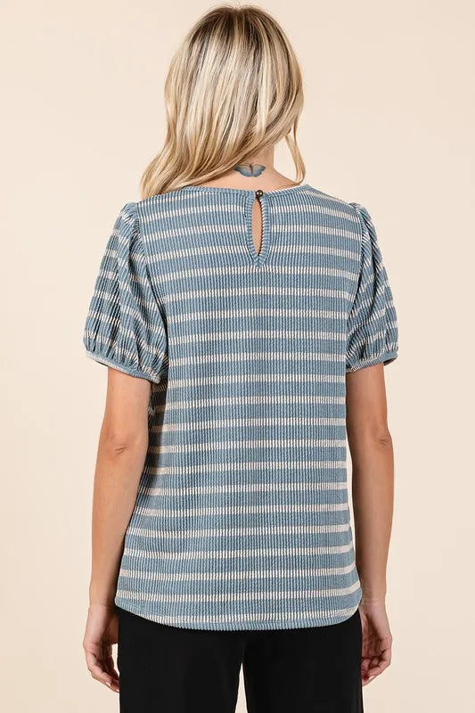 Mittoshop Contrast Striped Short Puff Sleeve Knit Top - Brittney MADE