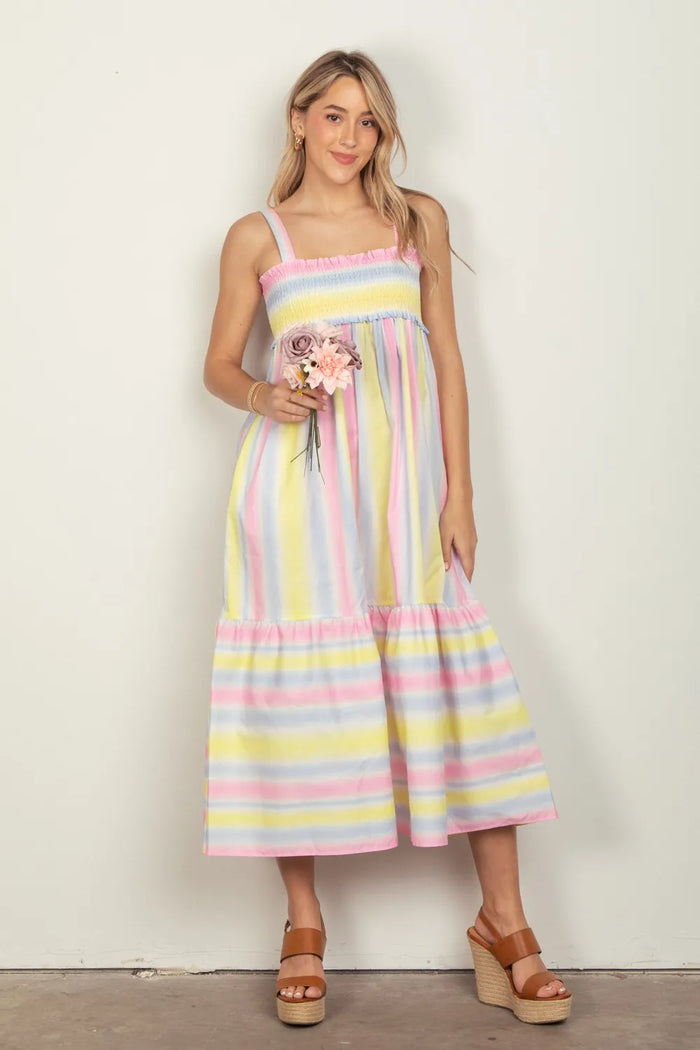 VERY J Striped Woven Smocked Midi Cami Dress - Brittney MADE