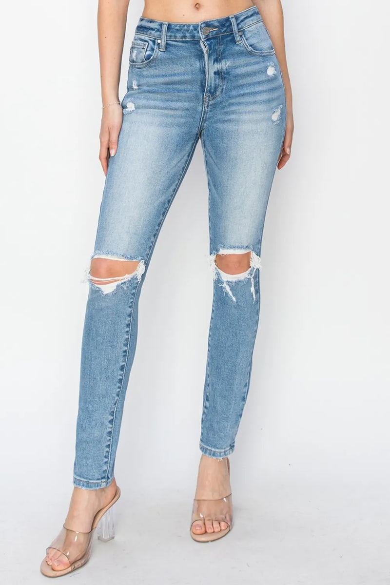 Risen Full Size High Rise Knee Distressed Skinny Jeans - Brittney MADE