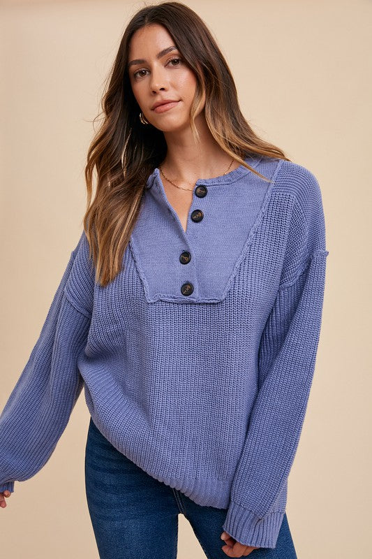 Annie Wear Half Button Ribbed Hem Sweater - Brittney MADE