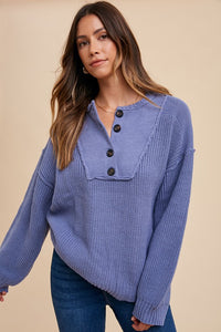 Annie Wear Half Button Ribbed Hem Sweater - Brittney MADE