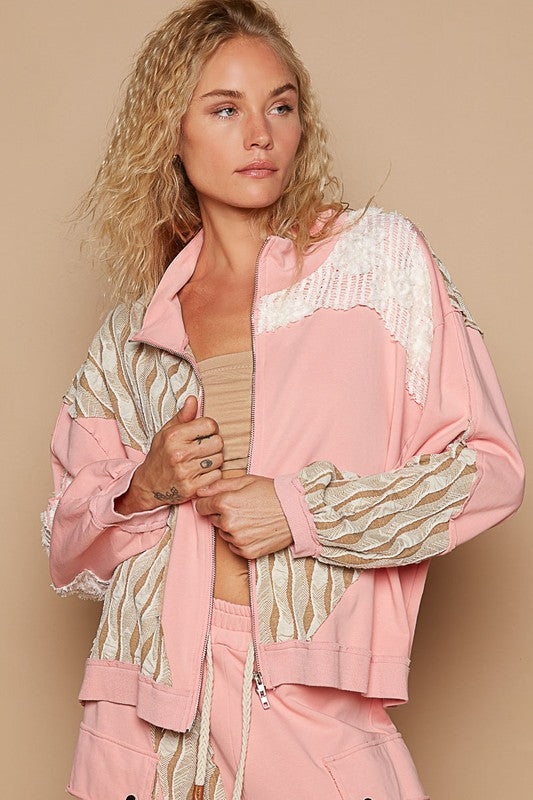 POL Applique Patchwork Zip Up Jacket - Brittney MADE