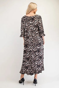 Celeste Full Size Leopard Round Neck Flounce Sleeve Dress - Brittney MADE