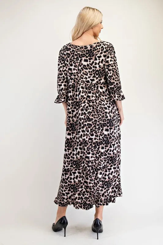 Celeste Full Size Leopard Round Neck Flounce Sleeve Dress - Brittney MADE