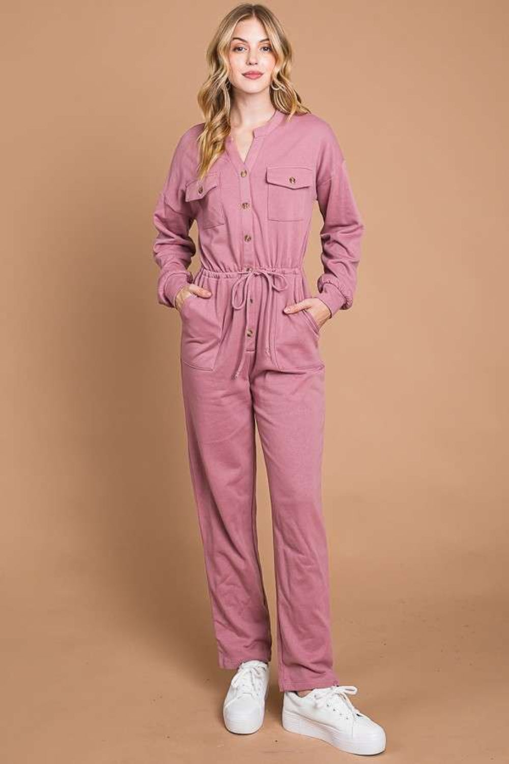 Culture Code Full Size Button Up Drawstring Waist Straight Jumpsuit - Brittney MADE
