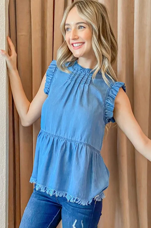 And The Why Chambray Ruffle Sleeveless Top - Brittney MADE